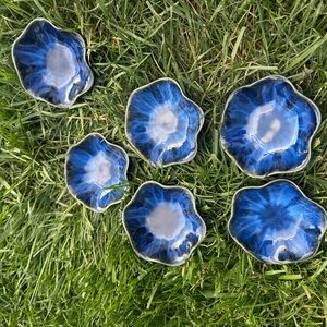 Handmade Blue Flower Ceramic Dishes - Set of 6